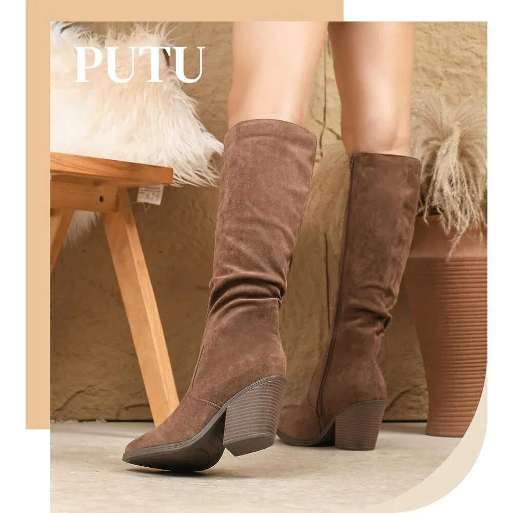 Women's Brown Faux Suede Chunky Heel Boots Side Zipper Slouchy Knee High Boots
